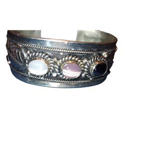 Vintage sterling silver Mexico Cuff natural Stone Bracelet